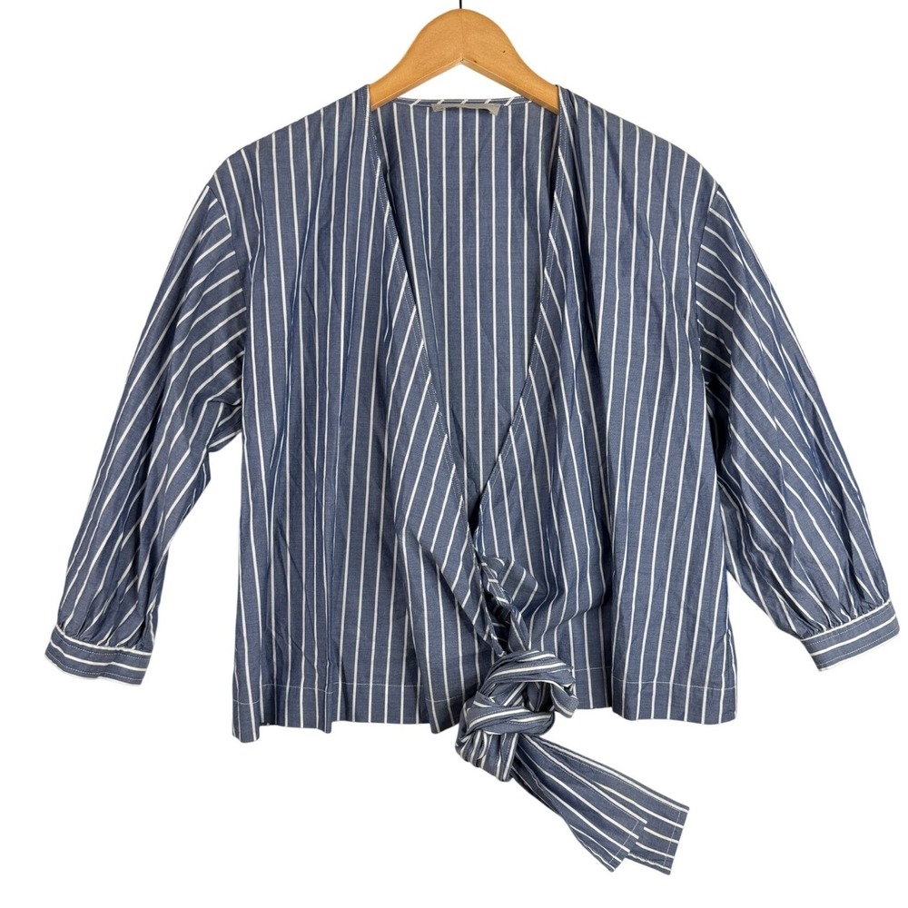Everlane Striped Poplin Long Sleeve V-neck Wrap Blouse size 6 Blue/White
